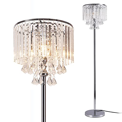 beaysyty Modern Elegance Crystal Floor Lamp, On/Off Foot Switch, Crystal & Glass 3-Lights Standing Light, Reading Corner Lamp for Office Cafe , Den, Living Room Bedroom Chrome Finish