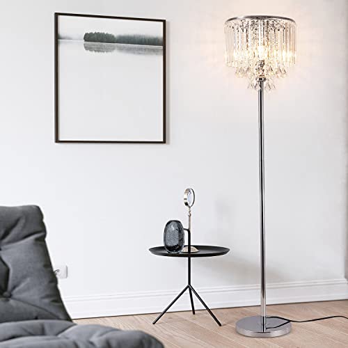 beaysyty Modern Elegance Crystal Floor Lamp, On/Off Foot Switch, Crystal & Glass 3-Lights Standing Light, Reading Corner Lamp for Office Cafe , Den, Living Room Bedroom Chrome Finish