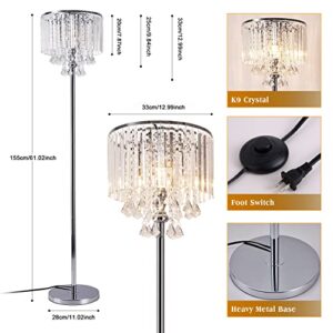 beaysyty Modern Elegance Crystal Floor Lamp, On/Off Foot Switch, Crystal & Glass 3-Lights Standing Light, Reading Corner Lamp for Office Cafe , Den, Living Room Bedroom Chrome Finish