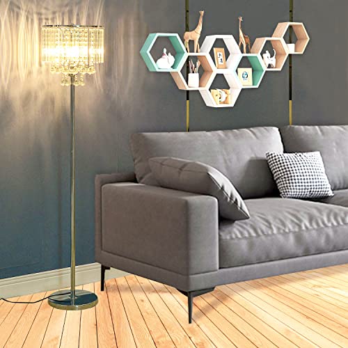 beaysyty Modern Elegance Crystal Floor Lamp, On/Off Foot Switch, Crystal & Glass 3-Lights Standing Light, Reading Corner Lamp for Office Cafe , Den, Living Room Bedroom Chrome Finish