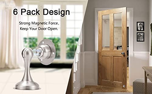 Magnetic Door Stop 6 Pack Magnetic Door Stopper Brushed Nickel No Need to Drill Magnetic Door Stops Stainless Steel Magnetic Door Holder Soft-Catch Magnet Door Stopper Hold Door Open