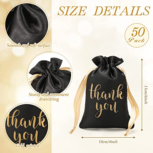 Sieral 50 Pcs Thank You Satin Gift Bags 4 x 6 Inch Drawstring Jewelry Pouches Candy for Wedding Party Baby Shower Favor Thanksgiving Christmas Holiday (Black), 1.0 Count