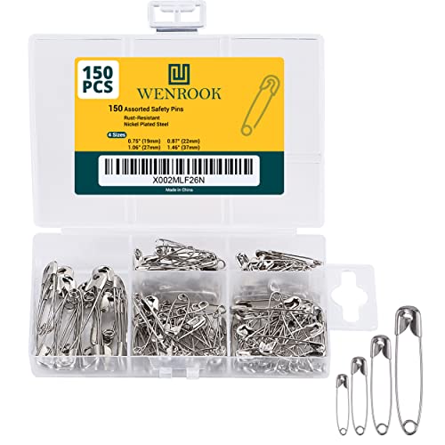 Wenrook Safety Pins Assorted 4-Size Pack of 150 - Strong Nickel Plated Steel, Rust Resistant, Heavy Duty Variety Pack, Perfect for Clothes, Crafts, Sewing, Pinning and More