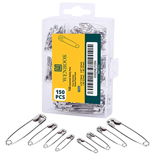 Wenrook Safety Pins Assorted 4-Size Pack of 150 - Strong Nickel Plated Steel, Rust Resistant, Heavy Duty Variety Pack, Perfect for Clothes, Crafts, Sewing, Pinning and More