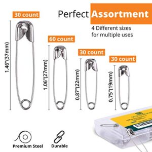 Wenrook Safety Pins Assorted 4-Size Pack of 150 - Strong Nickel Plated Steel, Rust Resistant, Heavy Duty Variety Pack, Perfect for Clothes, Crafts, Sewing, Pinning and More