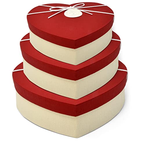 Valentine's Day Heart Shaped Gift Boxes 3 Pack Red and Off White Valentine Hearts Treat Box with Lids & Ribbon Bow Valentines Nesting Cookie Box for Gift Giving Holiday Decorative Present Wrapping