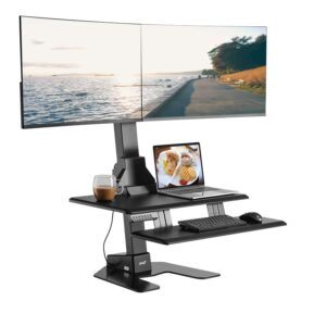 avlt dual 32″ monitor electric standing desk converter with huge keyboard tray extra large 28″x 16″ spacious tabletop motorized automatic height adjustable sit to stand table sturdy small footprint