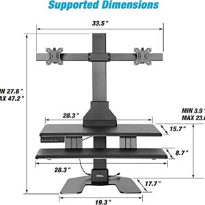 AVLT Dual 32" Monitor Electric Standing Desk Converter with Huge Keyboard Tray Extra Large 28"x 16" Spacious Tabletop Motorized Automatic Height Adjustable Sit to Stand Table Sturdy Small Footprint