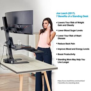 AVLT Dual 32" Monitor Electric Standing Desk Converter with Huge Keyboard Tray Extra Large 28"x 16" Spacious Tabletop Motorized Automatic Height Adjustable Sit to Stand Table Sturdy Small Footprint