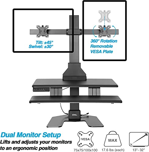 AVLT Dual 32" Monitor Electric Standing Desk Converter with Huge Keyboard Tray Extra Large 28"x 16" Spacious Tabletop Motorized Automatic Height Adjustable Sit to Stand Table Sturdy Small Footprint