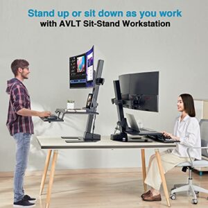 AVLT Dual 32" Monitor Electric Standing Desk Converter with Huge Keyboard Tray Extra Large 28"x 16" Spacious Tabletop Motorized Automatic Height Adjustable Sit to Stand Table Sturdy Small Footprint