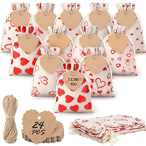 Valentine's Day Burlap Bags, Heart Burlap Drawstring Bags, 5 x7 Inch Heart Canvas Muslin Bags with Kraft Paper Tags, Candy Burlap Drawstring Bags for Valentines DIY Craft Wedding Party Favor (24 Pack)