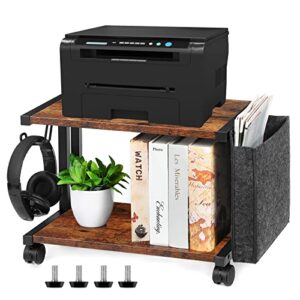 heomu printer stand with storage bag, 2 tier under desk printer cart with wheels, wood desktop printer table organizer for fax machine, copier, scanner