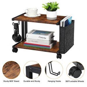 HEOMU Printer Stand with Storage Bag, 2 Tier Under Desk Printer Cart with Wheels, Wood Desktop Printer Table Organizer for Fax Machine, Copier, Scanner