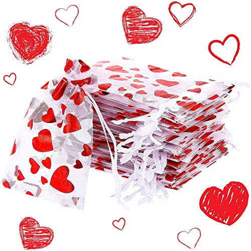 SIROGOGO 50 Pieces Heart Candy Bags Organza Jewelry Pouches, Pouch Drawstring Bags for Jewelry Packaging Valentine's Day Wedding Festival Party Supply, 10 x 8 cm