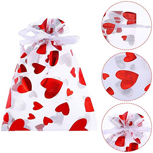 SIROGOGO 50 Pieces Heart Candy Bags Organza Jewelry Pouches, Pouch Drawstring Bags for Jewelry Packaging Valentine's Day Wedding Festival Party Supply, 10 x 8 cm