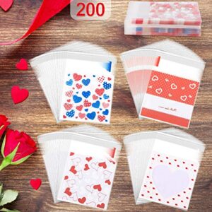 konsait 200pcs valentines cellophane bags, valentines cookie candy treat bags self-adhesive sweets biscuit bags plastic bags for valentines party favors supplies, heart gifts goody bags