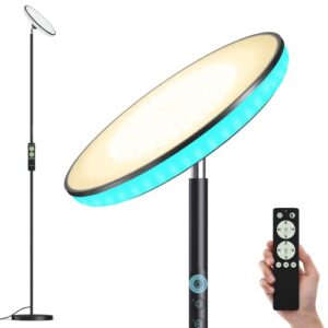floor lamp,42w 3200lm bright torchiere sky modern led lamps,tall standing pole light with remote,5 color temperatures dimmable,85% energy saving,memory & timer,for living room,bedroom,office(black)