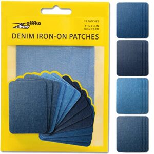 zefffka premium quality denim iron-on jean patches inside & outside strongest glue 100% cotton assorted shades of blue repair decorating kit 12 pieces size 3″ by 4-1/4″ (7.5 cm x 10.5 cm)