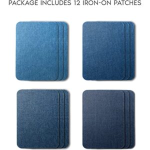 ZEFFFKA Premium Quality Denim Iron-on Jean Patches Inside & Outside Strongest Glue 100% Cotton Assorted Shades of Blue Repair Decorating Kit 12 Pieces Size 3" by 4-1/4" (7.5 cm x 10.5 cm)