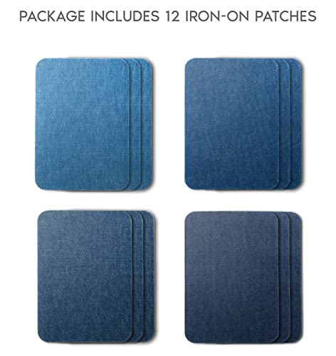 ZEFFFKA Premium Quality Denim Iron-on Jean Patches Inside & Outside Strongest Glue 100% Cotton Assorted Shades of Blue Repair Decorating Kit 12 Pieces Size 3" by 4-1/4" (7.5 cm x 10.5 cm)