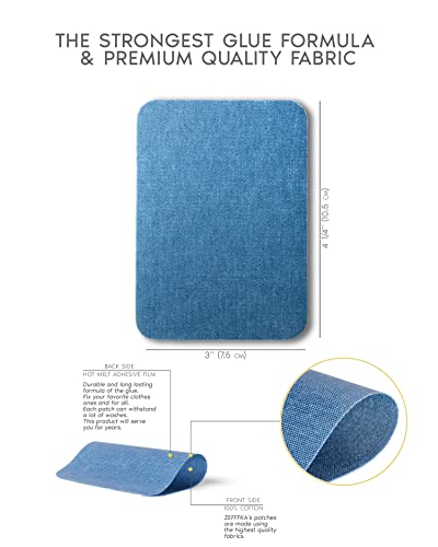 ZEFFFKA Premium Quality Denim Iron-on Jean Patches Inside & Outside Strongest Glue 100% Cotton Assorted Shades of Blue Repair Decorating Kit 12 Pieces Size 3" by 4-1/4" (7.5 cm x 10.5 cm)