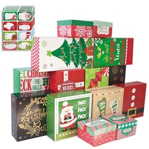 party funny 14 decorative christmas gift boxes with lids and 80-count foil christmas gift tag stickers (assorted size,6 rectangle,4 square, 4 small square)