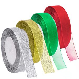 livder 4 rolls 4/5 inch in width christmas metallic glitter organza ribbons golden, silvery, red, green ribbon for gift wrapping, christmas tree room decoration