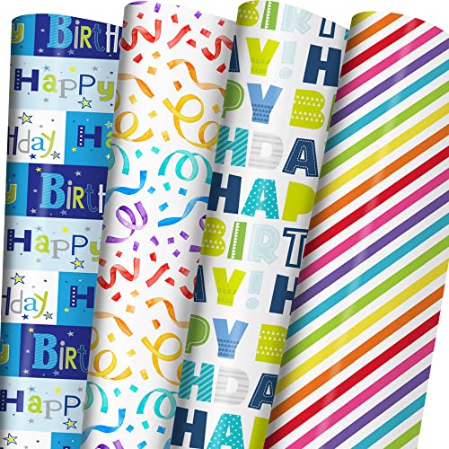 ZINTBIAL Birthday Wrapping Paper for Boys Girls Kids Baby Shower - Gift Wrapping Paper with Happy Birthday Words, Rainbow Stripe, Colorful Streamers - 20 x 29 Inches per Sheet (8 Folded Sheets), Recyclable, Easy to Store, Not Rolled