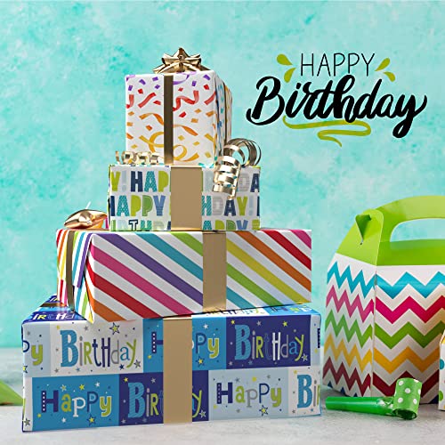ZINTBIAL Birthday Wrapping Paper for Boys Girls Kids Baby Shower - Gift Wrapping Paper with Happy Birthday Words, Rainbow Stripe, Colorful Streamers - 20 x 29 Inches per Sheet (8 Folded Sheets), Recyclable, Easy to Store, Not Rolled