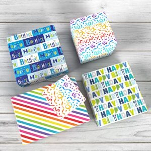 ZINTBIAL Birthday Wrapping Paper for Boys Girls Kids Baby Shower - Gift Wrapping Paper with Happy Birthday Words, Rainbow Stripe, Colorful Streamers - 20 x 29 Inches per Sheet (8 Folded Sheets), Recyclable, Easy to Store, Not Rolled