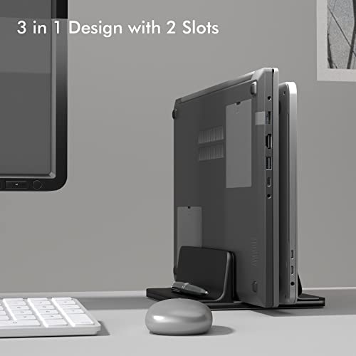 WZXHU Vertical Laptop Stand, Dual-Slot Adjustable Laptop Holder Space-Saving for MacBook/ Chromebook/ Surface/ Hp/ Lenovo/ Dell/ iPad Up to 17.3 Inches - Black
