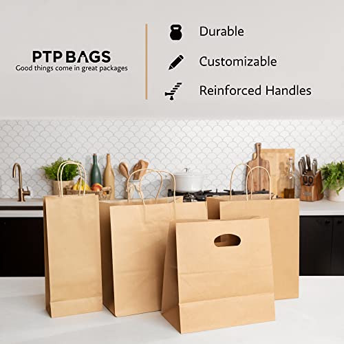 PTP BAGS Natural 11" x 6" x 11" Die Cut Tote Bags [Pack of 500] Kraft Paper Gift, Food Service Bags