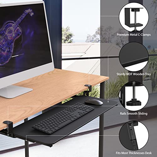 Keyboard Tray Under Desk, Pull Out Desk Extender with Extra Sturdy C Clamp Mount System, 25 (30 Including Clamps) x 9.8 inch Slide-Out Platform Computer Drawer for Home or Office, Black