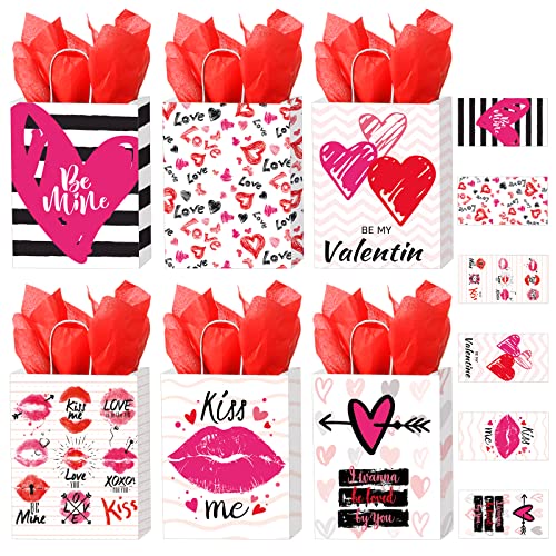 24 Pcs Valentine's Day Gift Bag Valentine's Kraft Paper Bags with Red Tissue Paper Heart Shaped Treat Goodies Bag Wrapping for Wedding Valentines Party Favor Decorations Kids Classroom Exchange Prizes