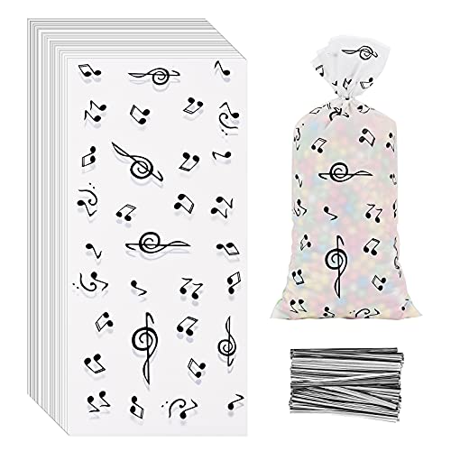 Lecpeting 100 Pcs Music Notes Treat Bags Music Cellophane Candy Bags Plastic Goodie Storage Bags Musical Party Favor Bags with Twist Ties for Music Theme Birthday Party Supplies
