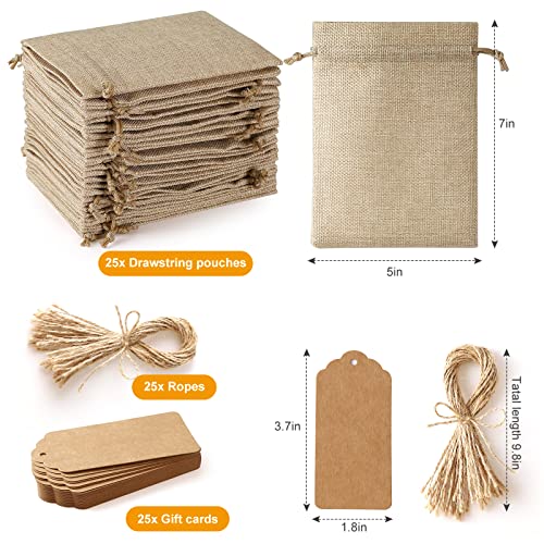 25Set Reusable Burlap Gift Bags with Drawstring, 5x7" Small Party Favor Gift Bags + Bonus Gift Tags & String, Brown Linen Sacks Bag for Wedding Party Favor, Jewelry Pouches, Christmas, Festival, Kids Birthday, Coffee, DIY Craft Sachet Bulk Bags