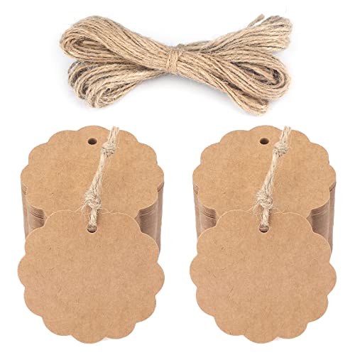jijAcraft 100 PCS Brown Flower Kraft Paper Gift Tags,Gift Tags with String,Round Wedding Favor Hang Tags,Price Tags,Blank Tags for Bridal Party,Birthday,Baby Shower,Crafts Packaging,Gift Wrap Tags