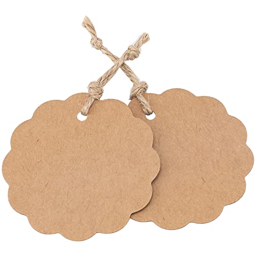 jijAcraft 100 PCS Brown Flower Kraft Paper Gift Tags,Gift Tags with String,Round Wedding Favor Hang Tags,Price Tags,Blank Tags for Bridal Party,Birthday,Baby Shower,Crafts Packaging,Gift Wrap Tags