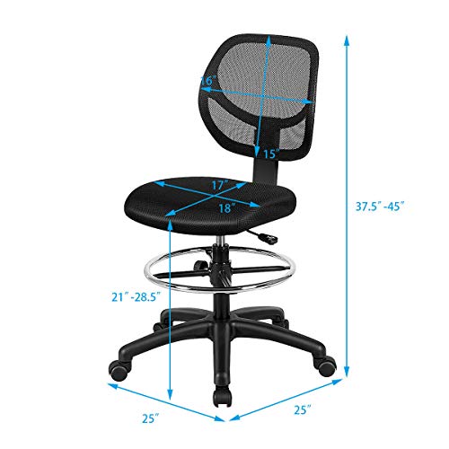 Giantex Mesh Drafting Chair, Standing Desk Chair w/Footrest Ring, Adjustable Height Chair Mid Back Tall Office Chair for Home Office, Black