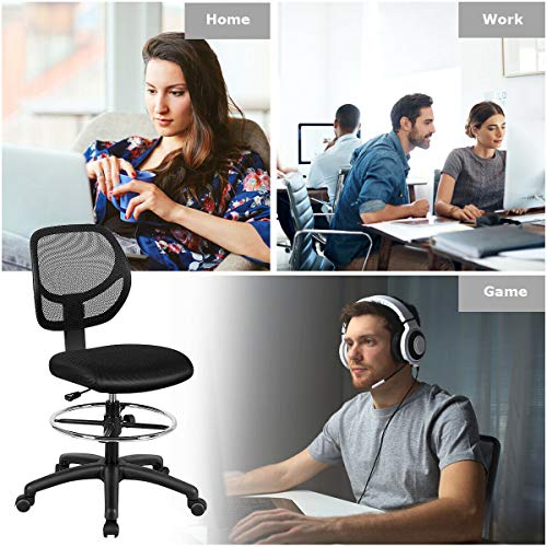 Giantex Mesh Drafting Chair, Standing Desk Chair w/Footrest Ring, Adjustable Height Chair Mid Back Tall Office Chair for Home Office, Black