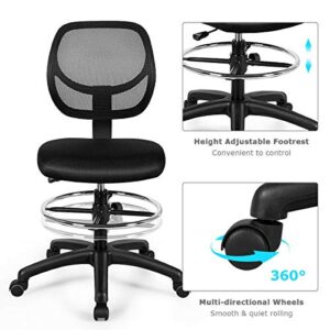 Giantex Mesh Drafting Chair, Standing Desk Chair w/Footrest Ring, Adjustable Height Chair Mid Back Tall Office Chair for Home Office, Black