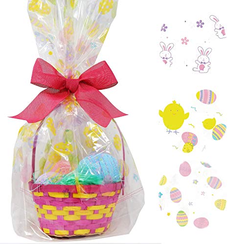 6 Pack Happy Easter Jumbo Cello Basket Bags 22” x 25” Printed Plastic Cellophane Wrapping Party Decorations by Gift Boutique