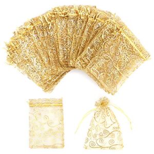 staruby organza gift bags 100pcs gold sheer organza bag 4×6 inch mesh favor bags drawstring jewelry rattan printed gift pouches for wedding party favors baby shower christmas gifts candy bags