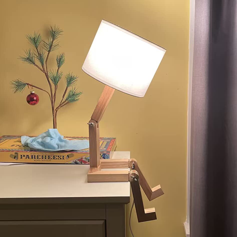 ELINKUME Cute Desk Lamp,Unique Table Lamps,Wood Bedside Table Lamp Fun Funky Person Lamp Wooden Robot Cute Lamps for Bedrooms