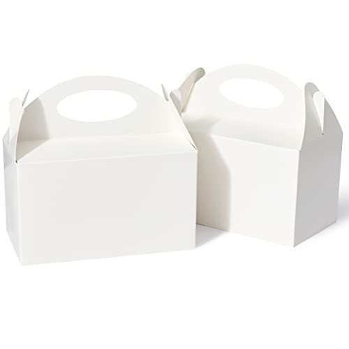 Happyhiram 50 Pcs Party Treat Boxes White, 6 Inch Candy Boxes Party Favors with Handle Paper Cookie Gift Bags Gable Boxes Snack Goodie Bags for Kids Birthday Baby Shower Wedding