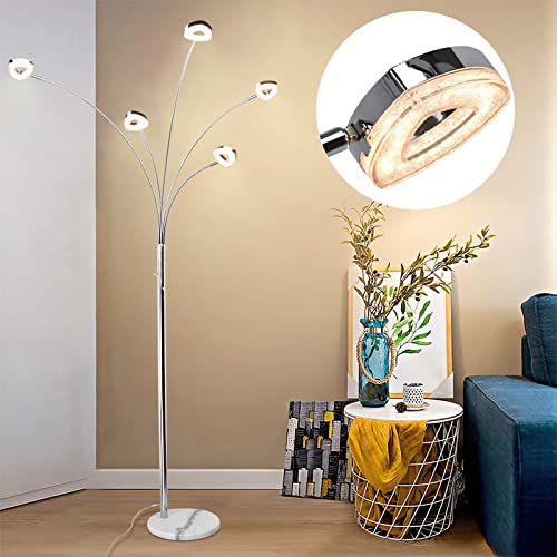 DLLT 5-Light LED Living Room Floor Lamp-Dimmable Bedroom Standing Light with Adjustable Arm & Head, Modern Contemporary Tree Tall Pole Lamps for Office with 3 Brightness Level, Warm White, Sliver