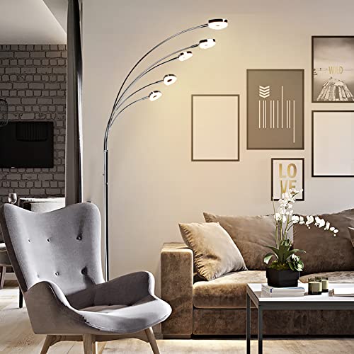 DLLT 5-Light LED Living Room Floor Lamp-Dimmable Bedroom Standing Light with Adjustable Arm & Head, Modern Contemporary Tree Tall Pole Lamps for Office with 3 Brightness Level, Warm White, Sliver