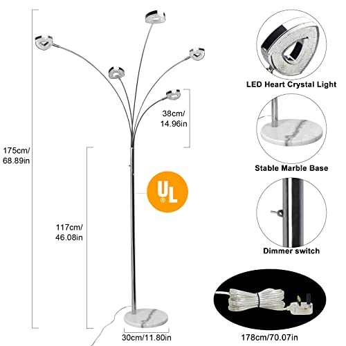 DLLT 5-Light LED Living Room Floor Lamp-Dimmable Bedroom Standing Light with Adjustable Arm & Head, Modern Contemporary Tree Tall Pole Lamps for Office with 3 Brightness Level, Warm White, Sliver