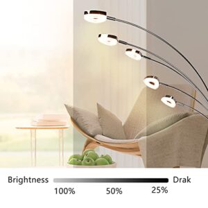 DLLT 5-Light LED Living Room Floor Lamp-Dimmable Bedroom Standing Light with Adjustable Arm & Head, Modern Contemporary Tree Tall Pole Lamps for Office with 3 Brightness Level, Warm White, Sliver